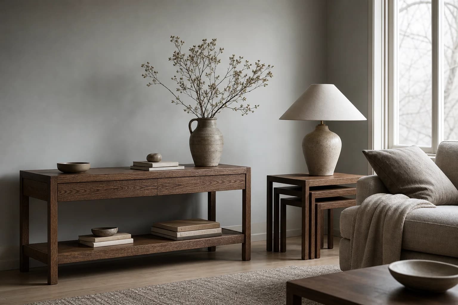 Living room with a dark oak console table and a nest of tables